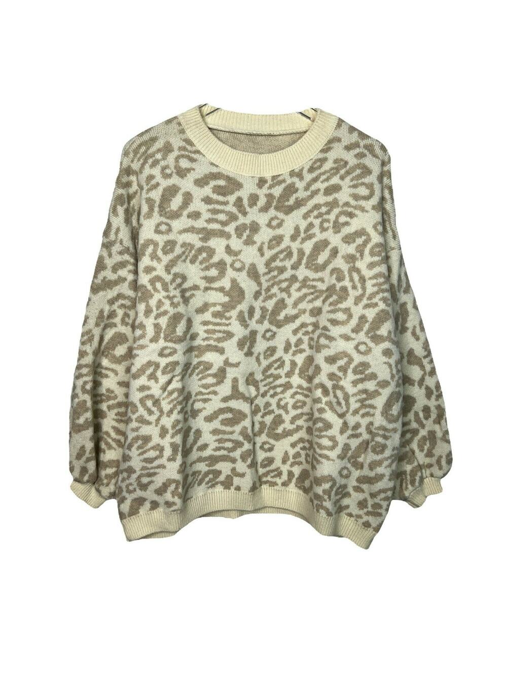 Leopard Animal Print Bishop Sleeve Ribbed Trim Pullover Sweater Tan Womens XL